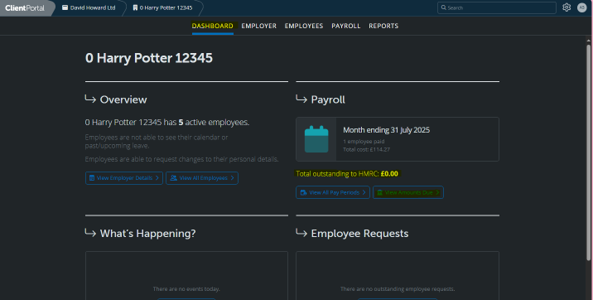 Screenshot of the Client Portal Dashboard on BrightPay showing the Total Amount Outstanding to HMC for a fictional employer. 