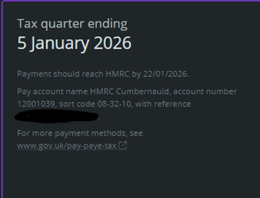 Screenshot showing the Tax quarter and the date payment should reach HMRC alongside pay account details in BrightPay Cloud