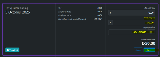 Screenshot of BrightPay Cloud showing the amount paid to HMRC and the date of payment for a fictional employer