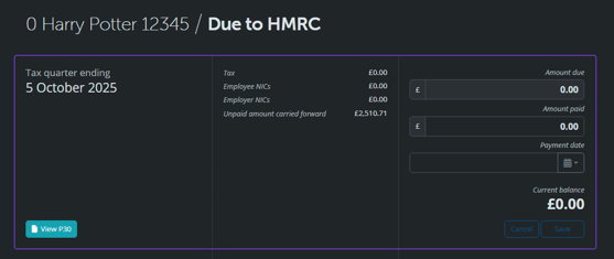 Screenshot showing an overview of the amount due to HMRC in BrightPay for a fictional employer